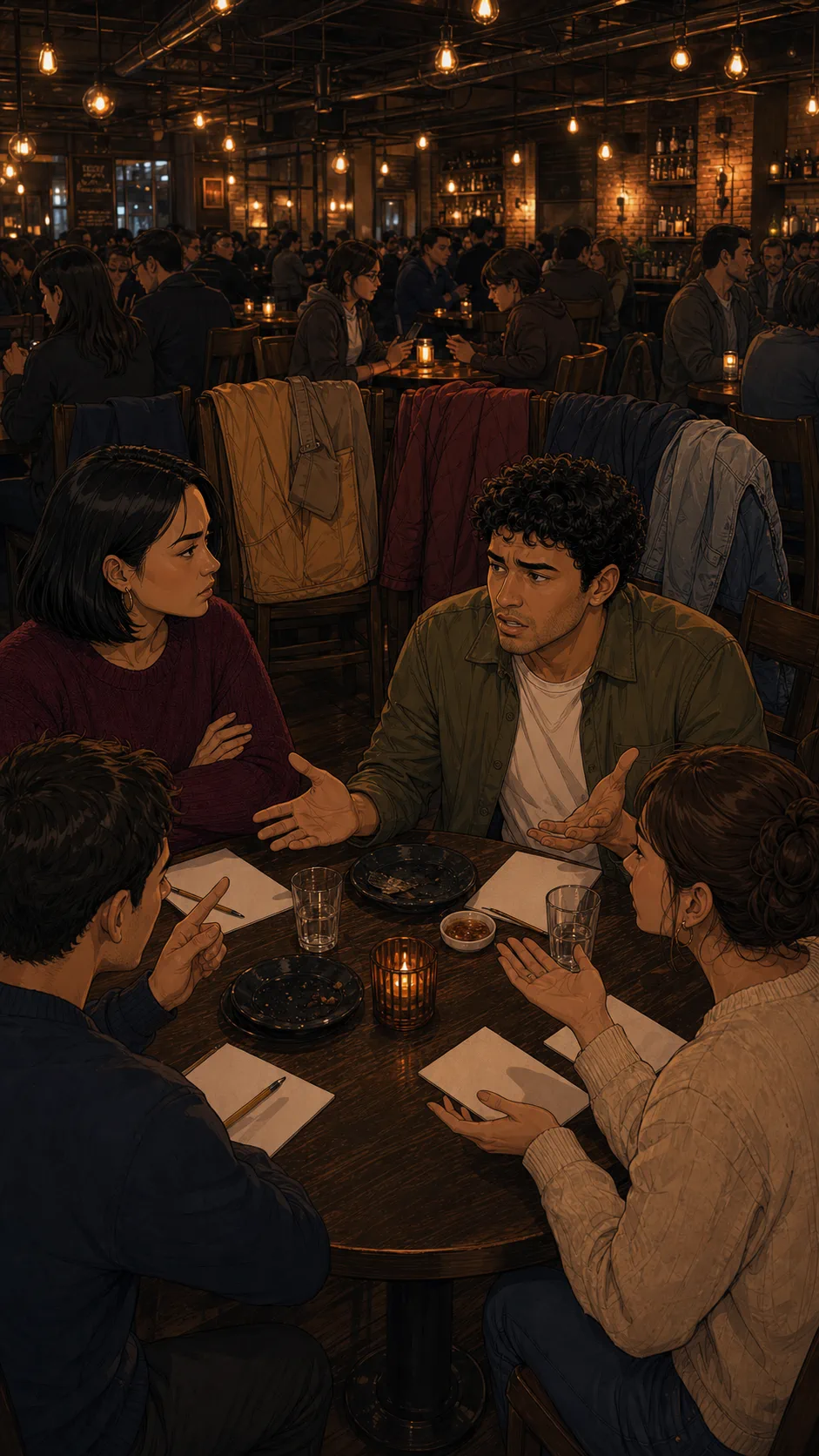Iris, Max, and friends debate saved chairs at a generic trivia table with divided body language.