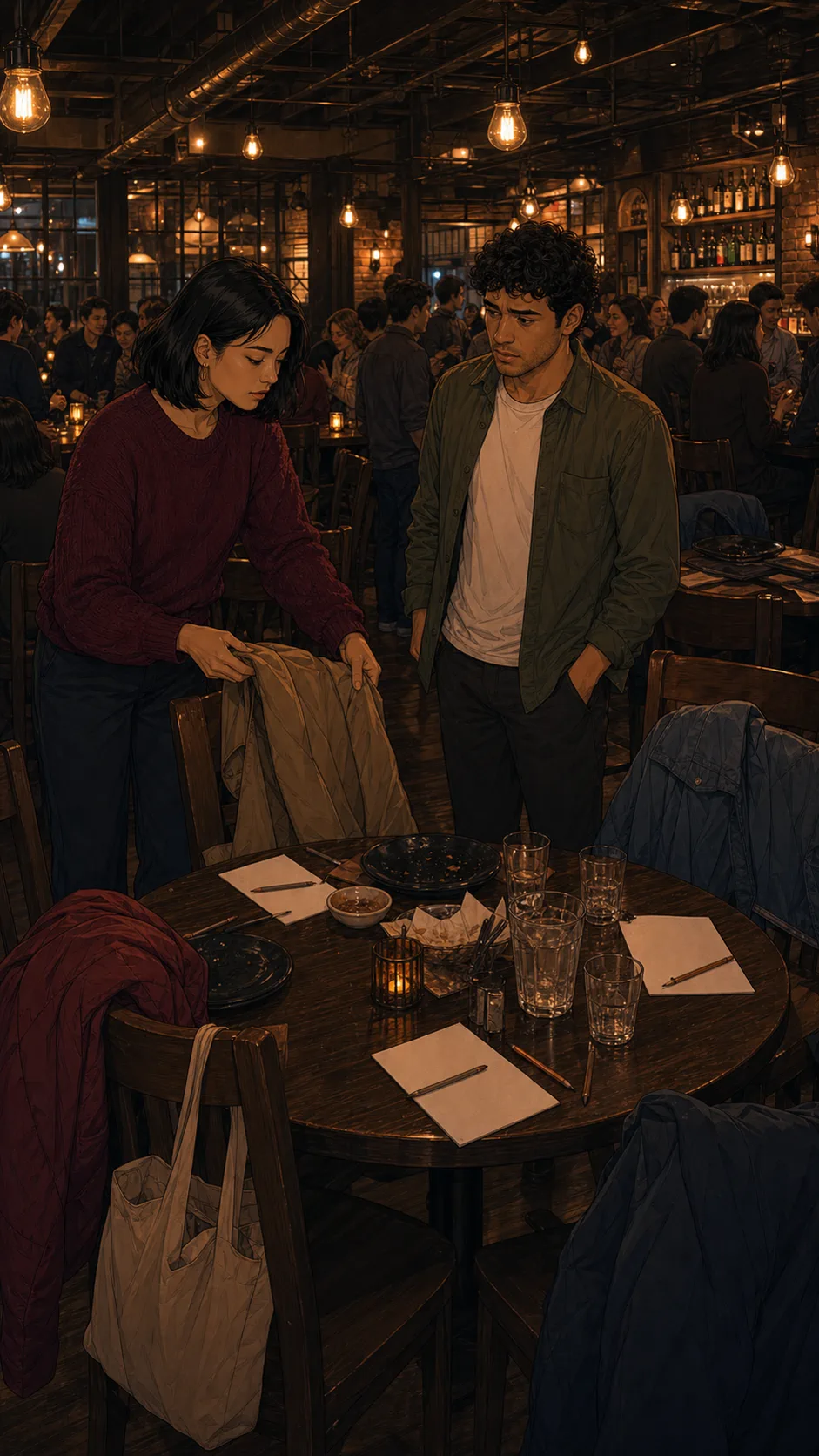 Iris lifts a coat from an empty trivia chair while Max watches in a generic pub.