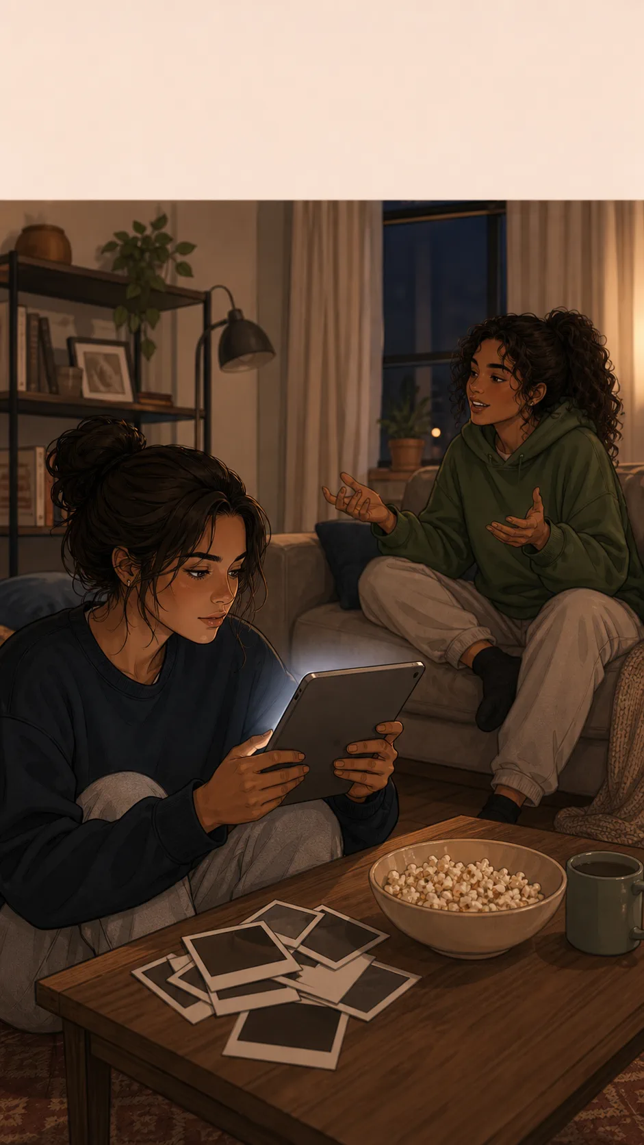 Lena looks at Maya's tablet while Maya is busy talking on the other side of the room.