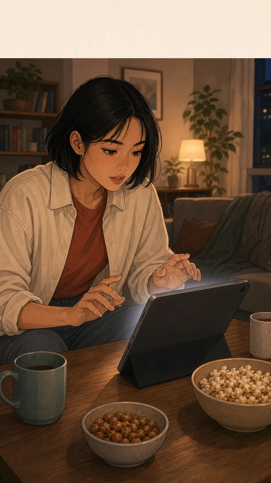 Lena's hands hover near a tablet with an abstract blank settings screen on the table.