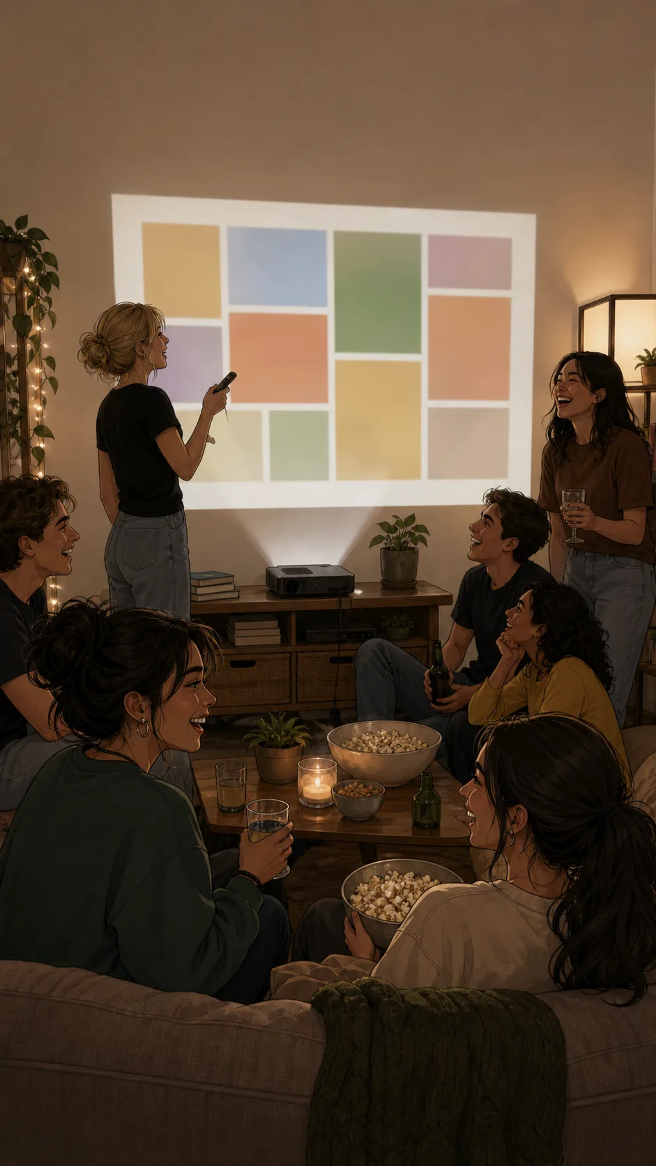Maya and friends enjoy a living-room slideshow shown as abstract colors on a wall.