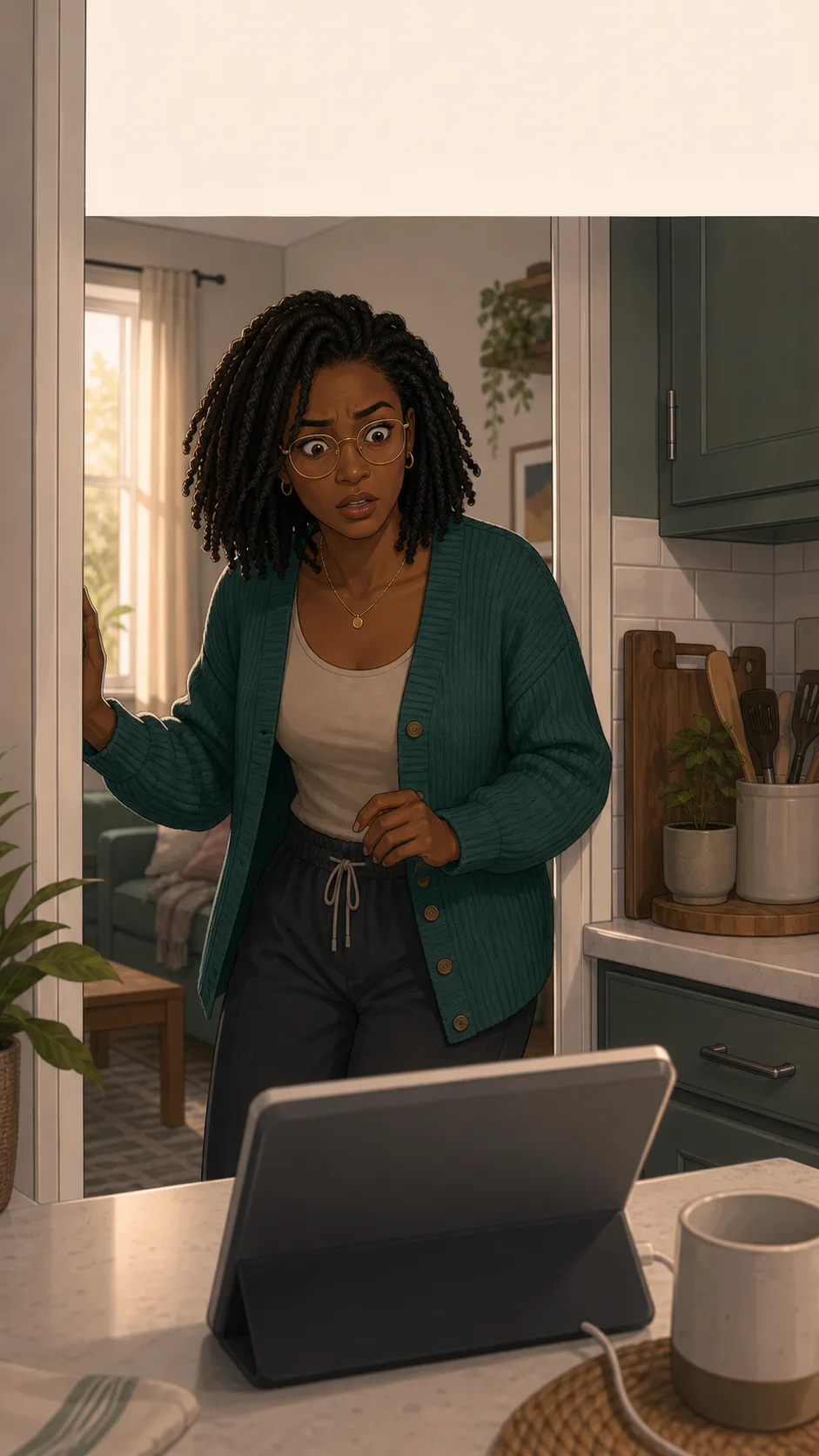 Maya looks startled at a shared home display glowing on a kitchen counter.