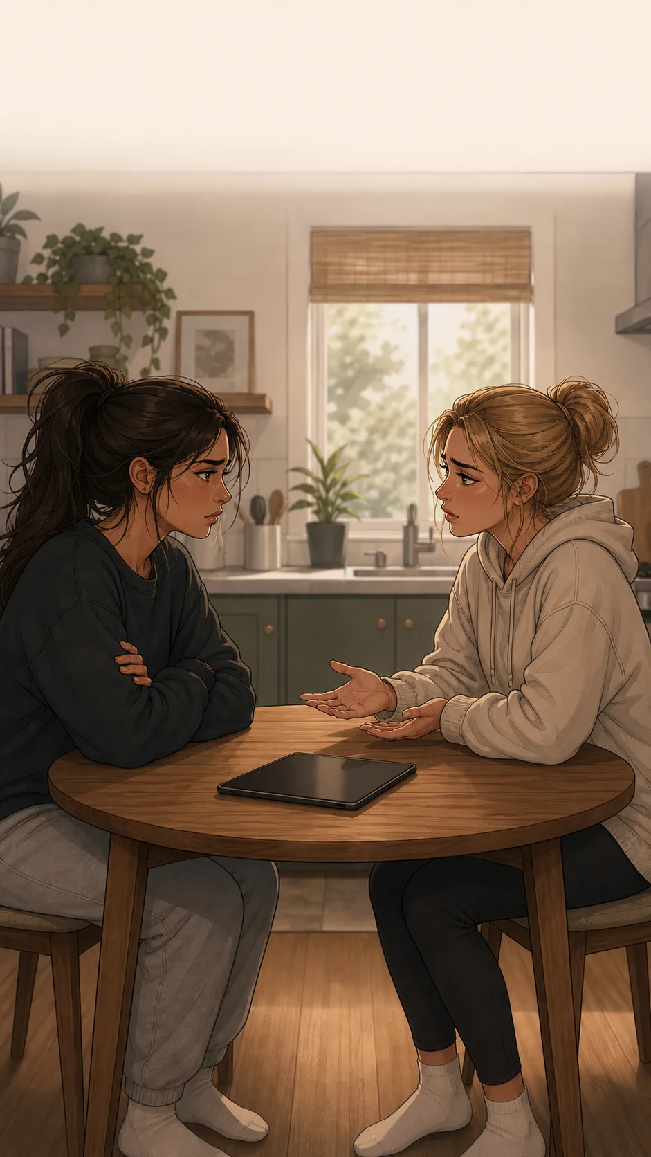 Maya and Lena sit at a kitchen table with a face-down tablet between them.