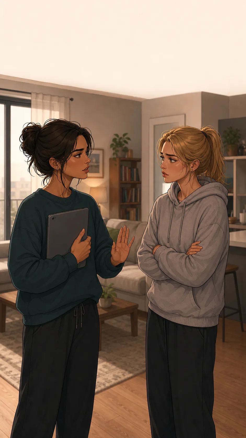 Maya holds her tablet close while explaining her privacy boundary to Lena.