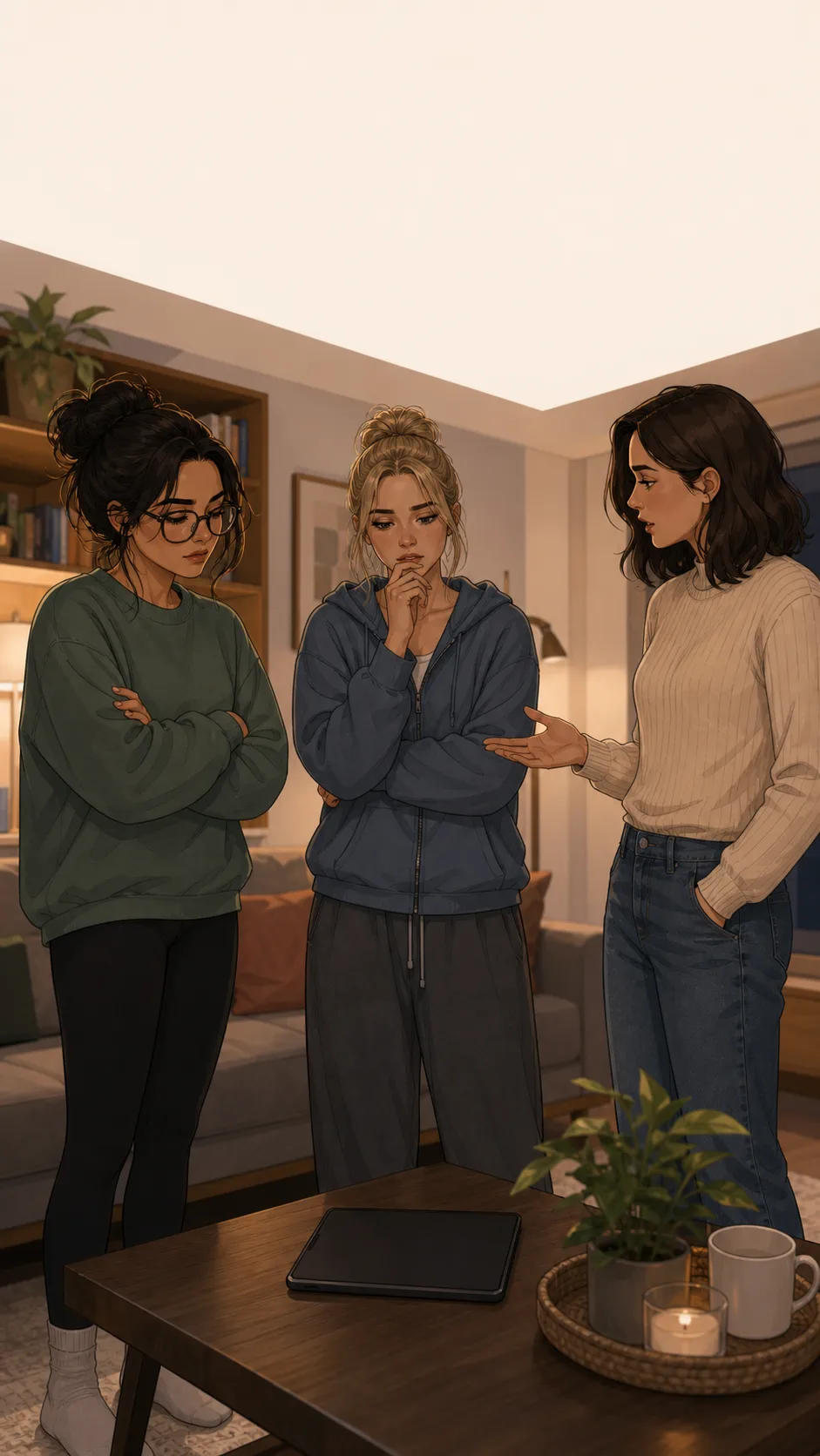 Maya, Lena, and another friend stand with different reactions around a face-down tablet.