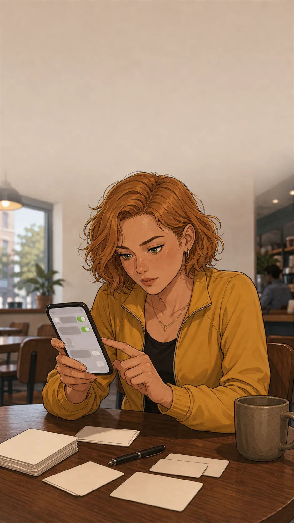 Lina adjusts an unreadable setting on a phone beside blank task cards at a generic cafe table.