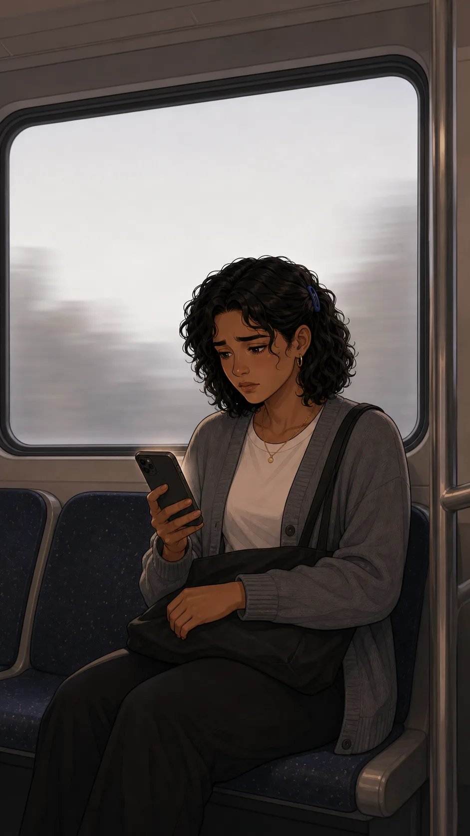 Mara sits on generic transit with her phone angled away, too tired to respond.