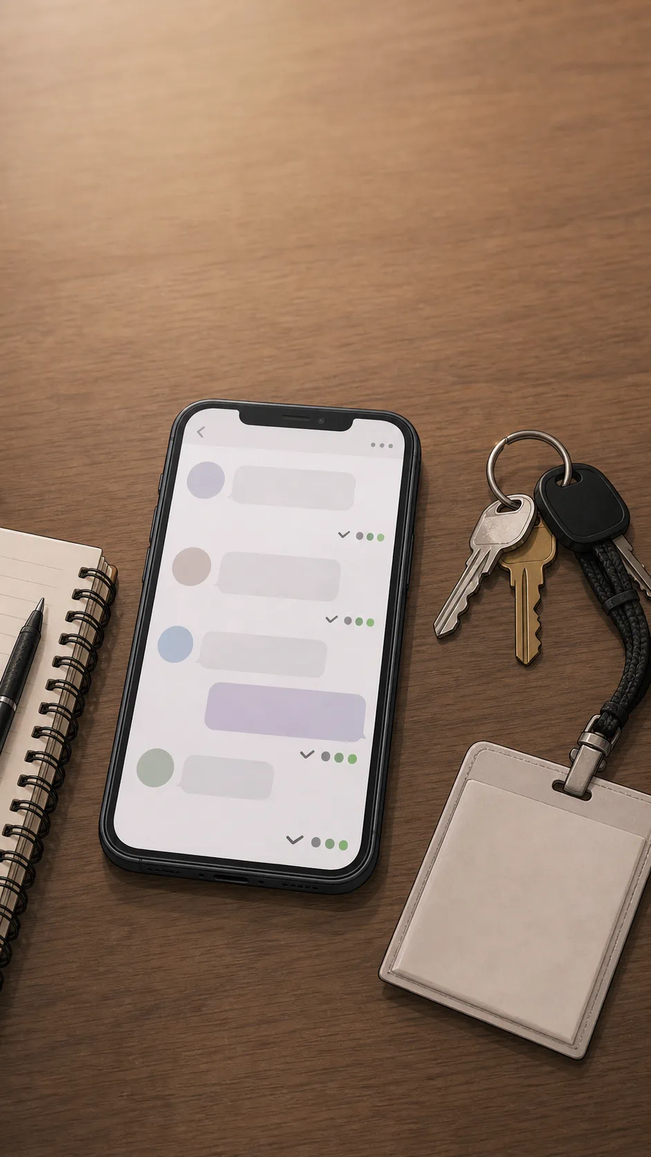 A tabletop evidence view shows an unreadable generic chat on a phone with abstract seen markers.