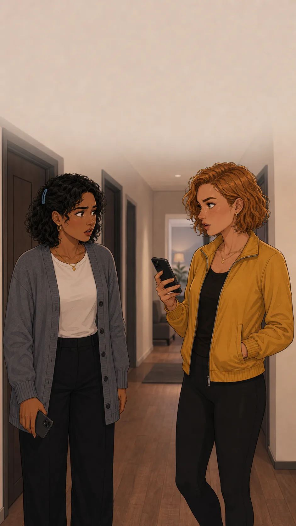 Lina speaks firmly to Mara in a plain hallway while Mara looks startled with her phone at her side.