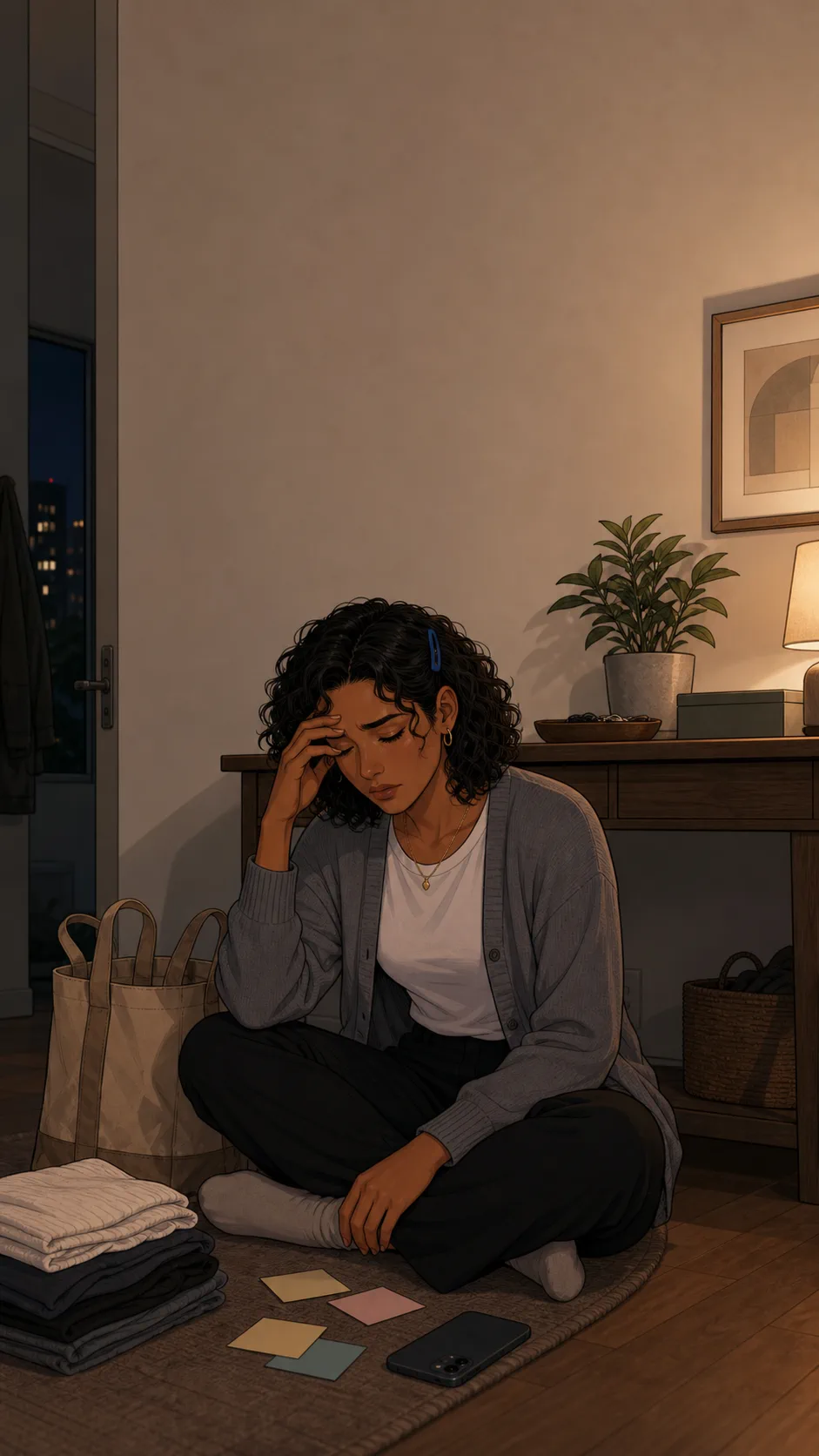 Mara sits on the floor by an entry table with a face-down phone and a tired expression.