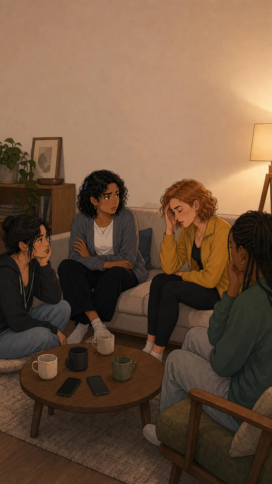 Mara, Lina, and two friends sit in a generic living room discussing the read receipts setting.