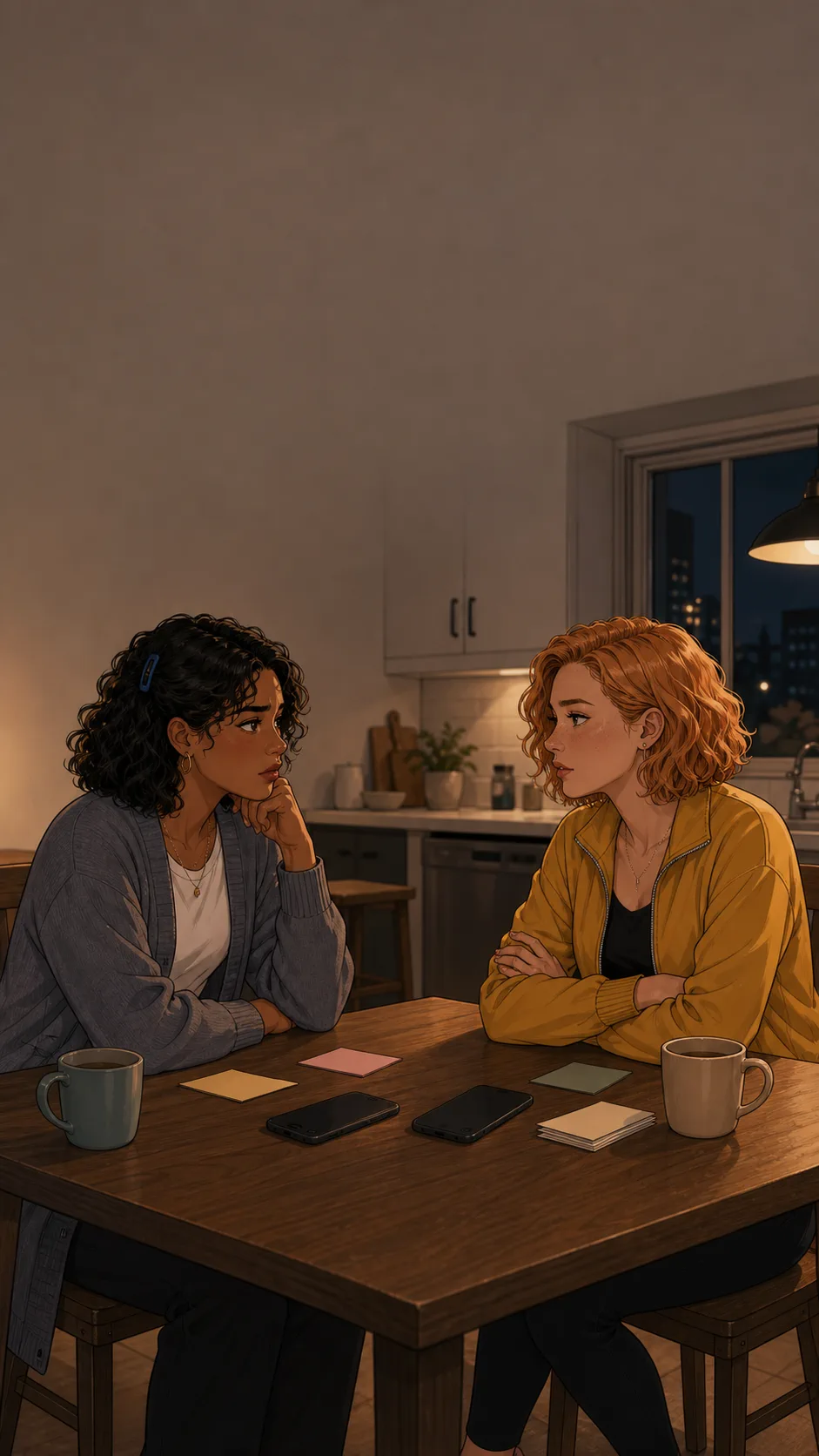 Mara and Lina sit across a generic kitchen table with two phones face down between them.
