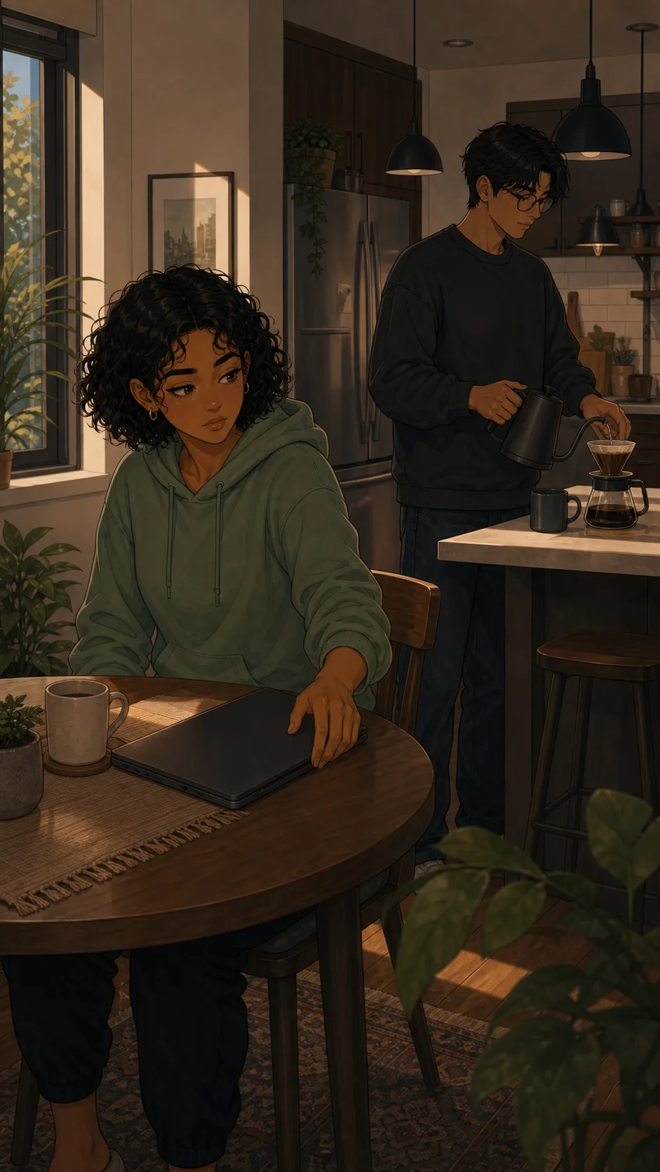 Maya reaches for a plain shared laptop while Eli makes coffee.