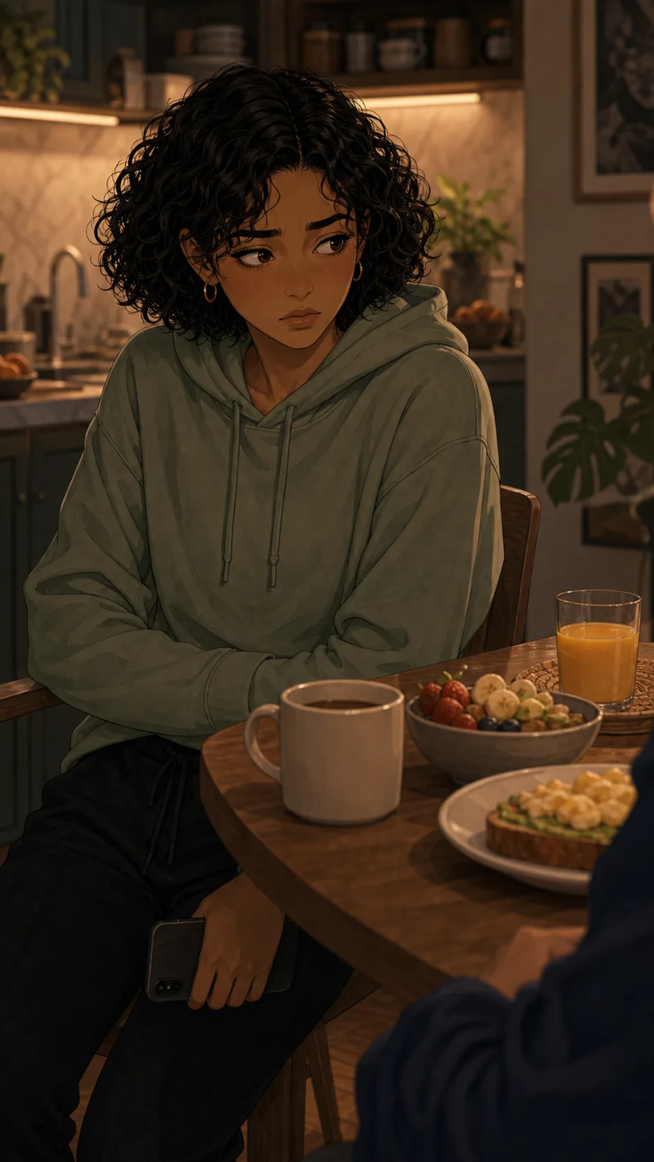 Maya looks guarded while hiding her phone under the table.