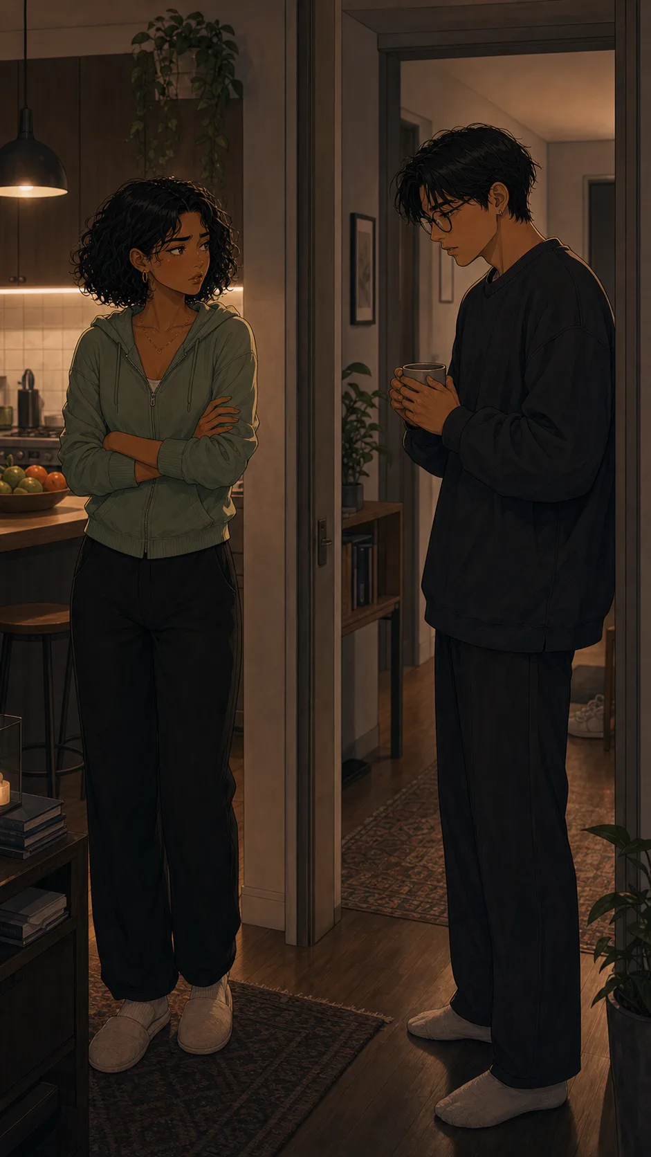 Maya confronts Eli near the kitchen doorway.