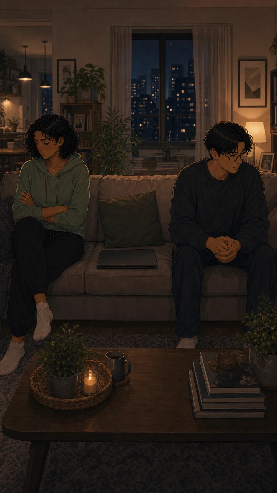 Maya and Eli sit apart with a closed laptop between them.