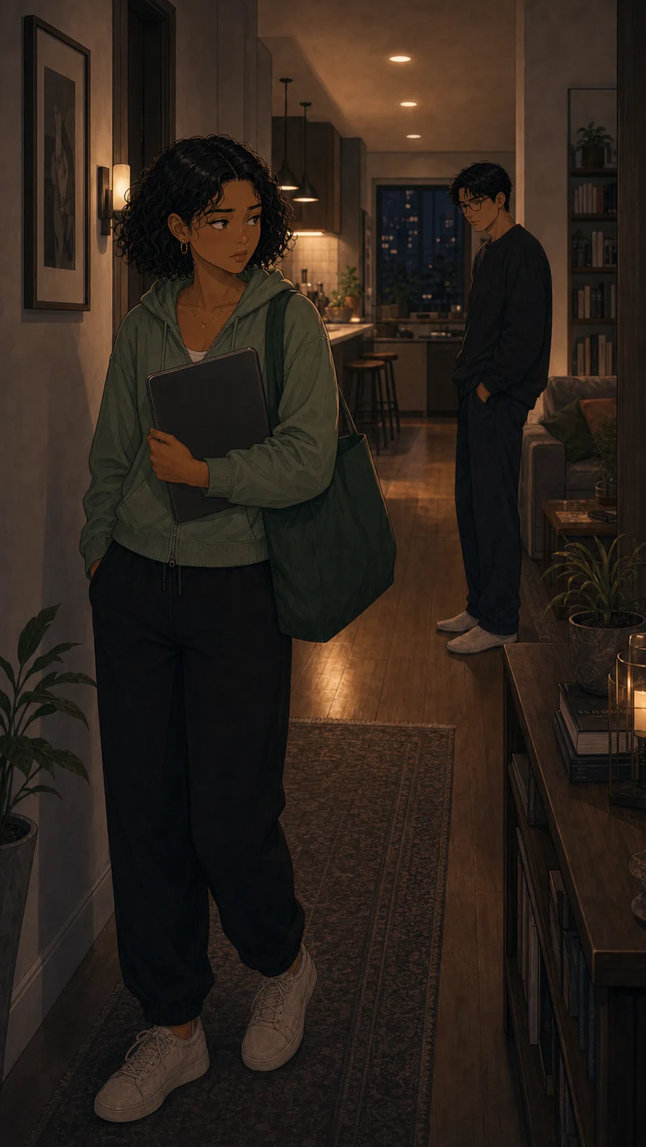 Maya holds a closed shared laptop while deciding what to do.