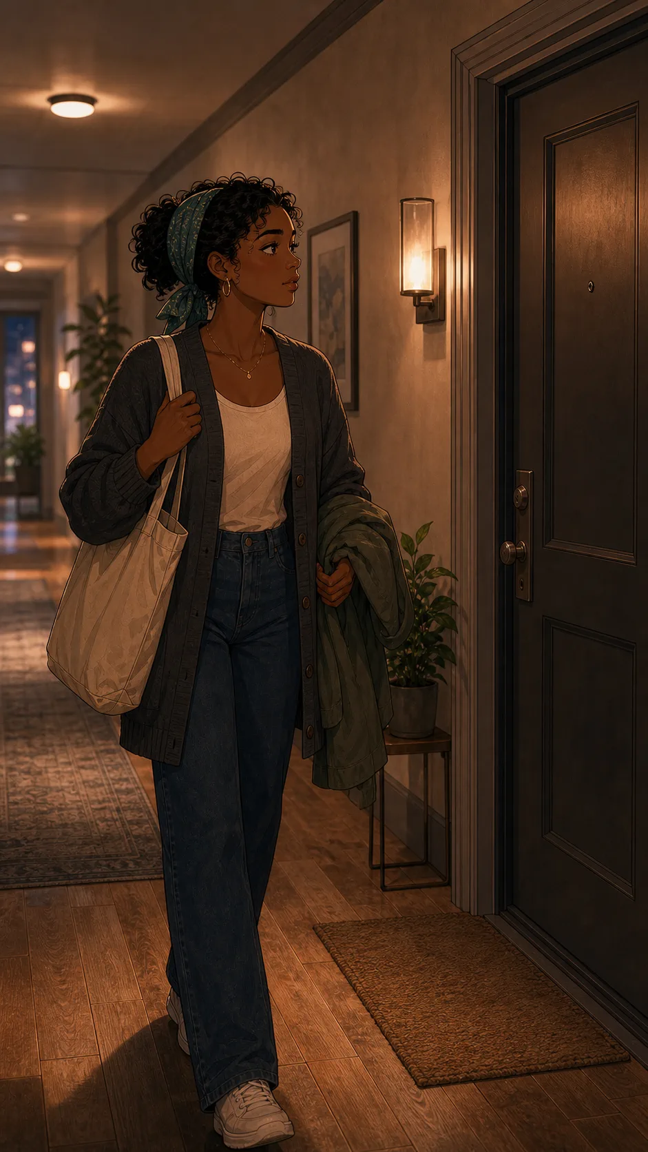 Tessa walks down a generic apartment hallway carrying a tote bag and looking relieved to be home.