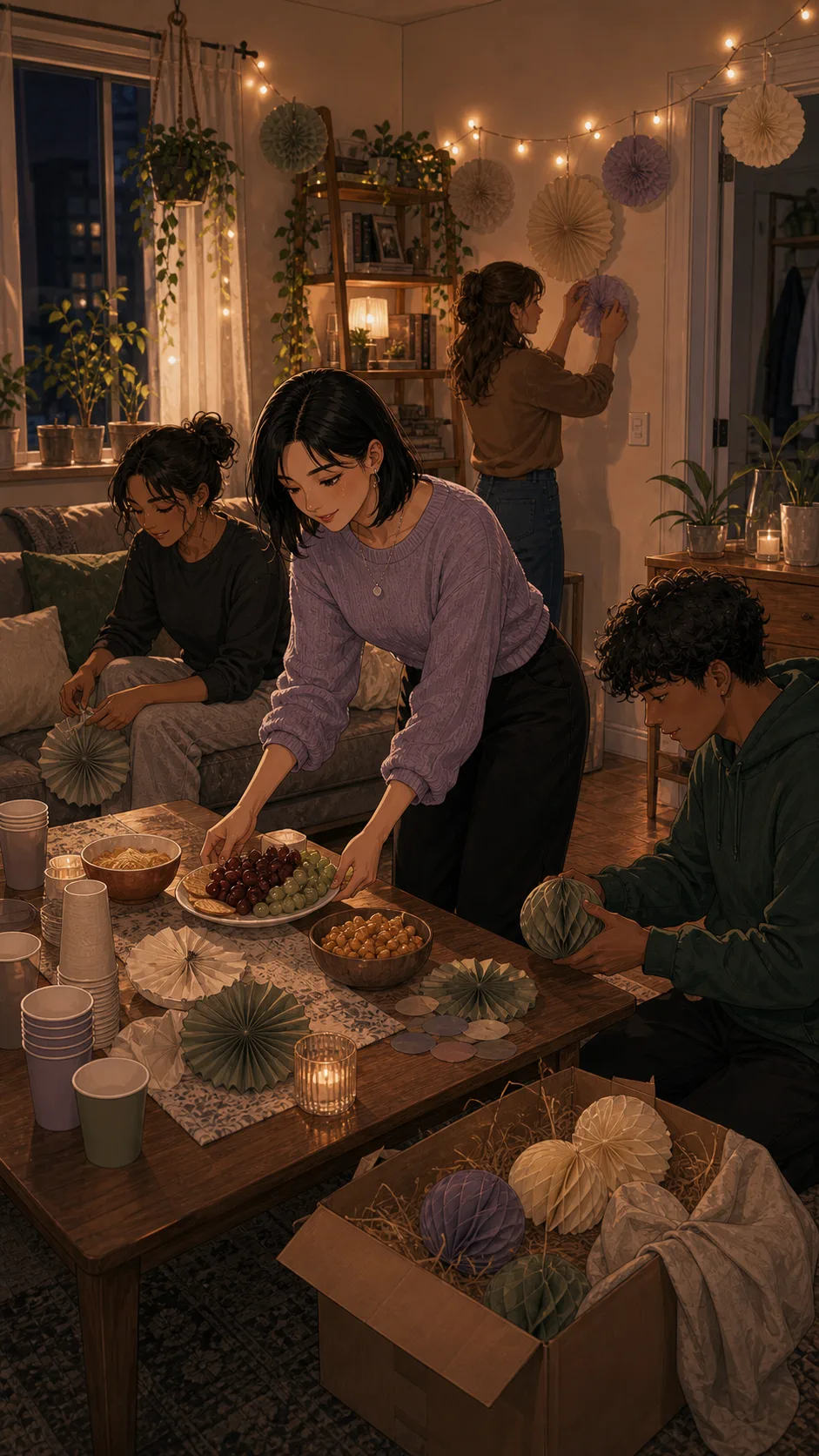 Mira and a few fictional friends arrange plain decorations and snacks in a generic shared apartment living room.