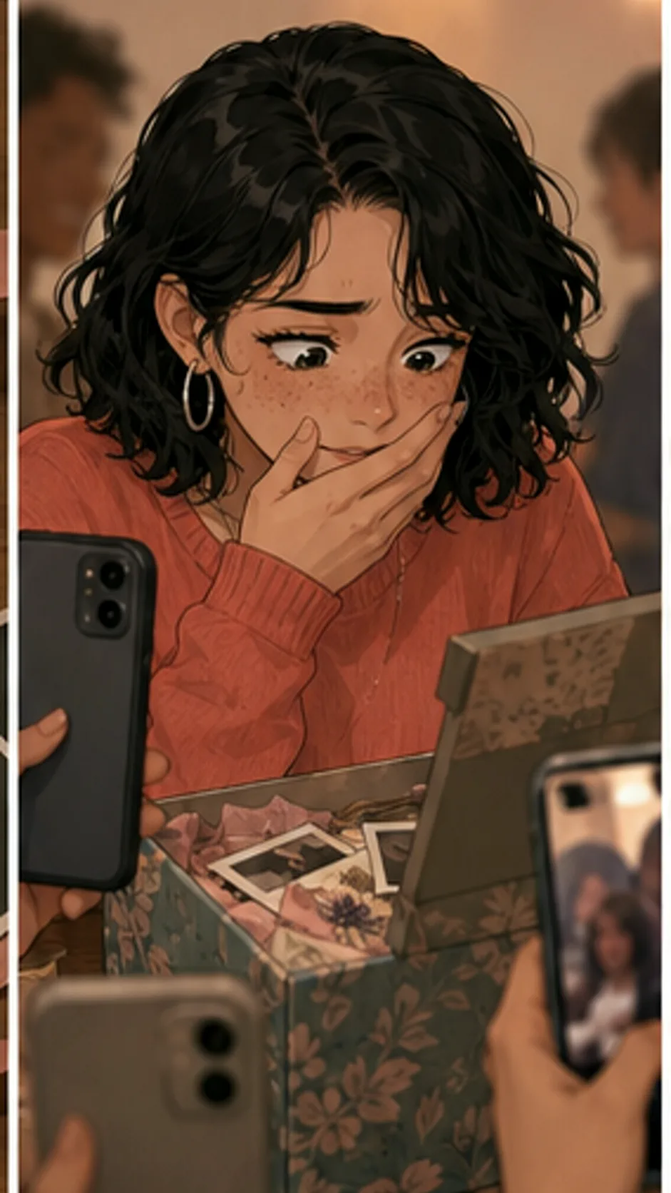 Tessa freezes in the open doorway as Mira and friends wait in a decorated generic apartment living room.