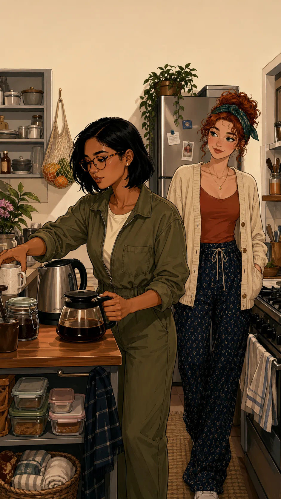 Tessa and Mira talk tensely in a generic apartment kitchen while friends blur in the living room behind them.