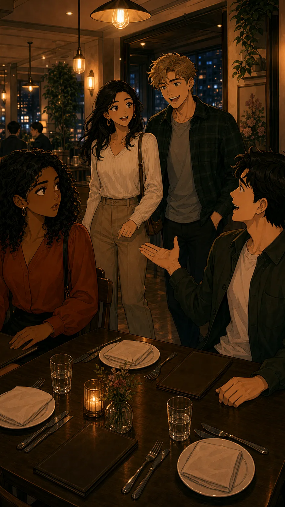 Friends stand awkwardly in a generic apartment living room while Tessa and Mira look conflicted.