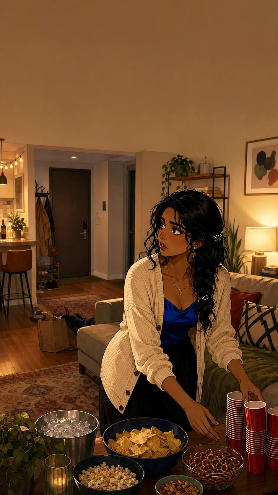 Tessa and Mira stand apart in a generic apartment hallway while a blurred gathering glows behind them.
