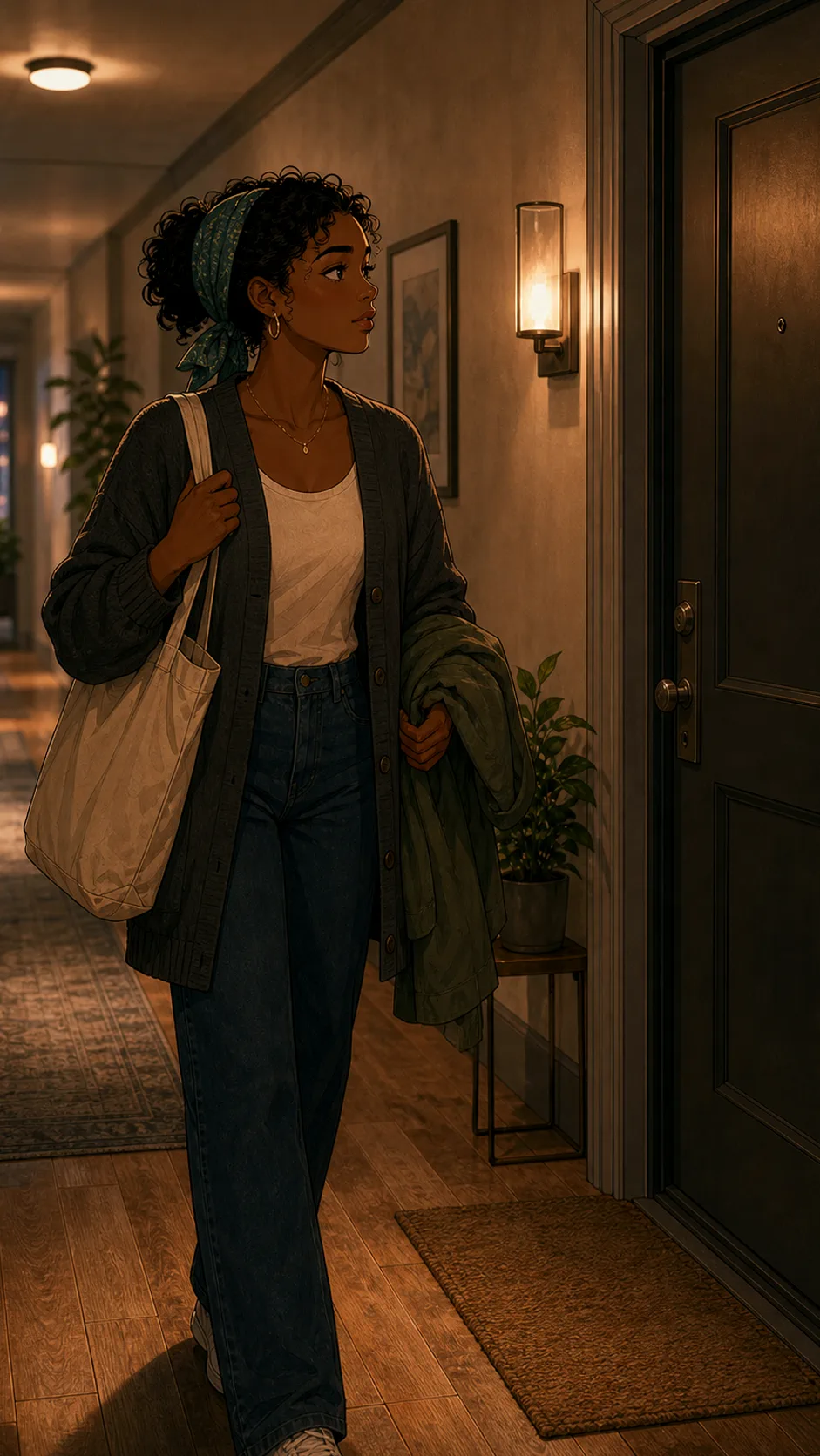 Tessa stands near the apartment doorway looking back at a softly lit surprise gathering in the living room.