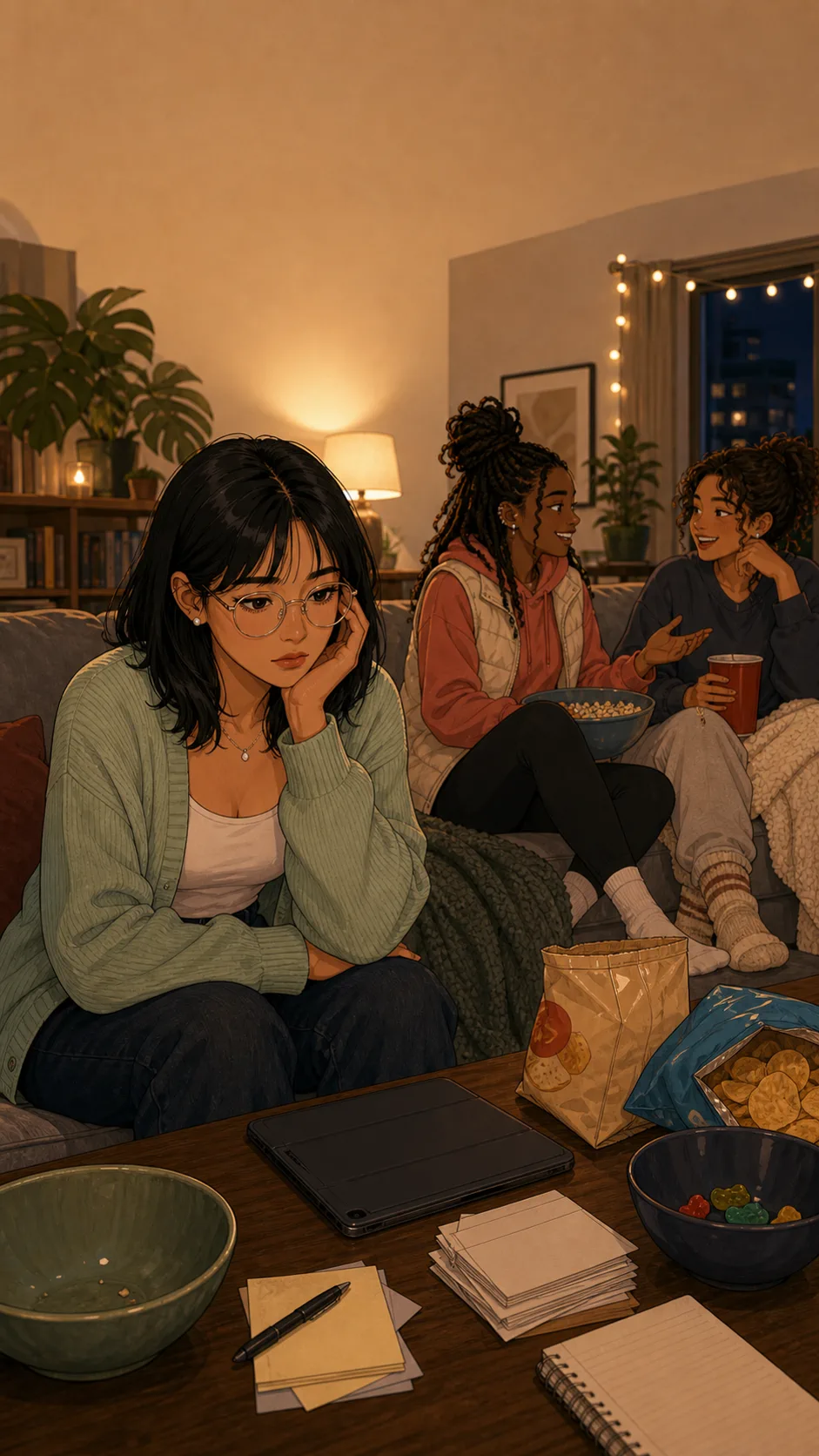 Nora plans a movie-night snack order at a generic apartment coffee table with a face-down tablet and blank snack notes.