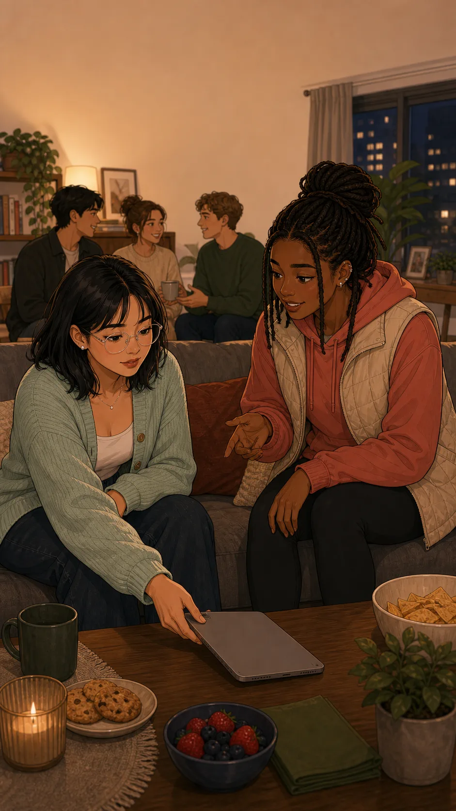 Casey leans toward Nora in a generic living room as Nora slides over a tablet with the screen facing down.