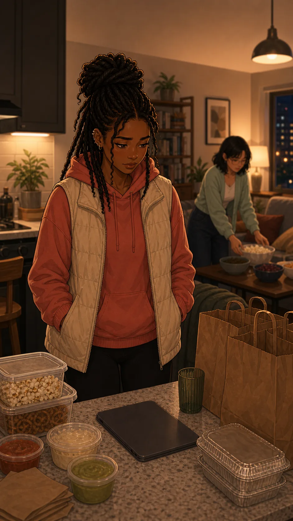 Casey stands at a generic apartment kitchen counter beside a face-down tablet and unbranded snack bags.