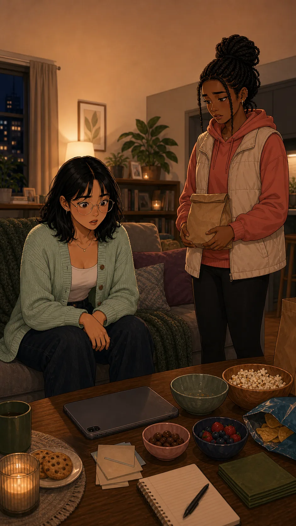 Nora looks startled beside a face-down tablet as Casey stands nearby with a plain snack bag.