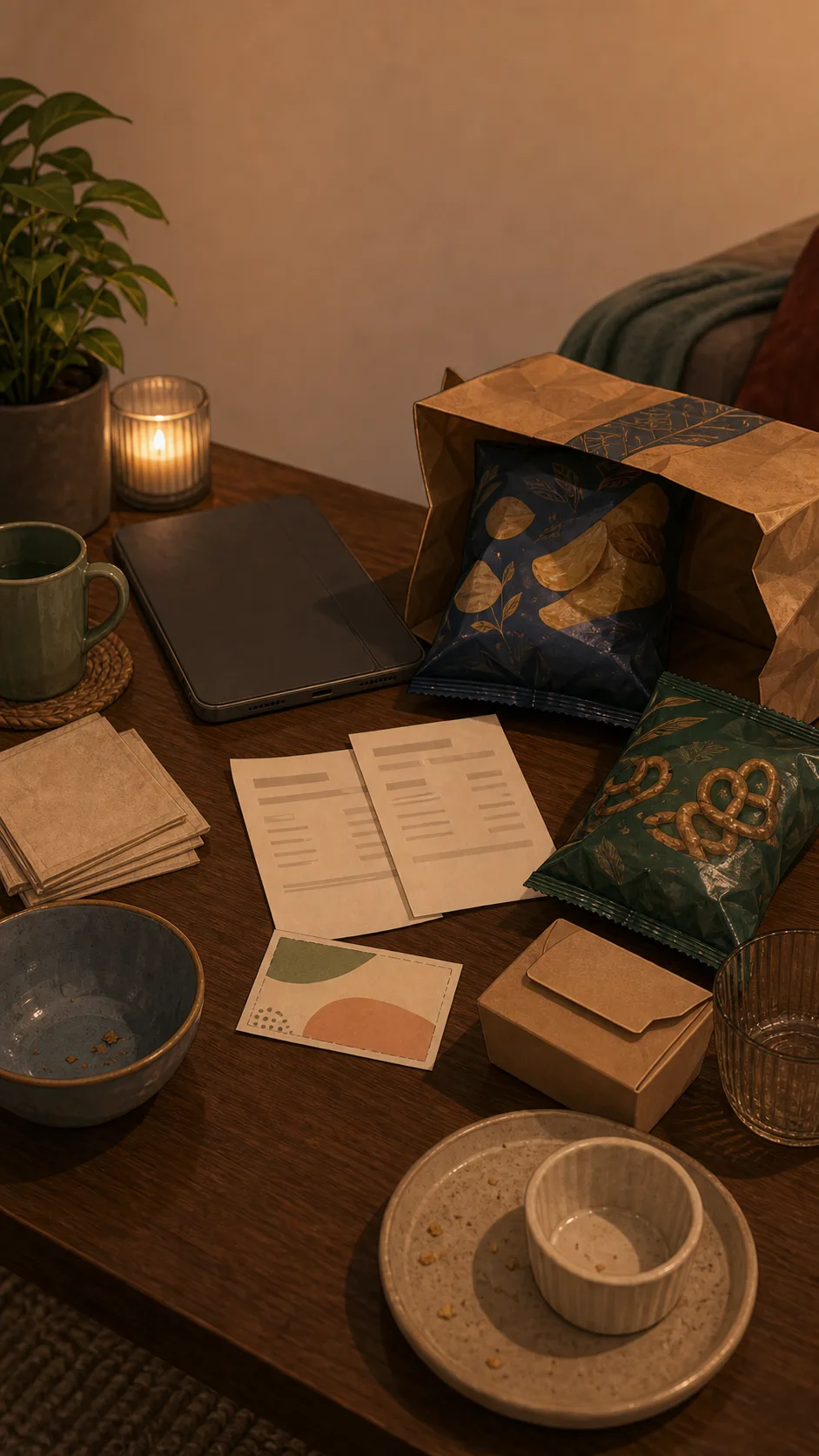 A generic apartment coffee table shows a face-down tablet, blank snack order slips, an unreadable coupon card, unbranded snack bags, bowls, napkins, and a mug.