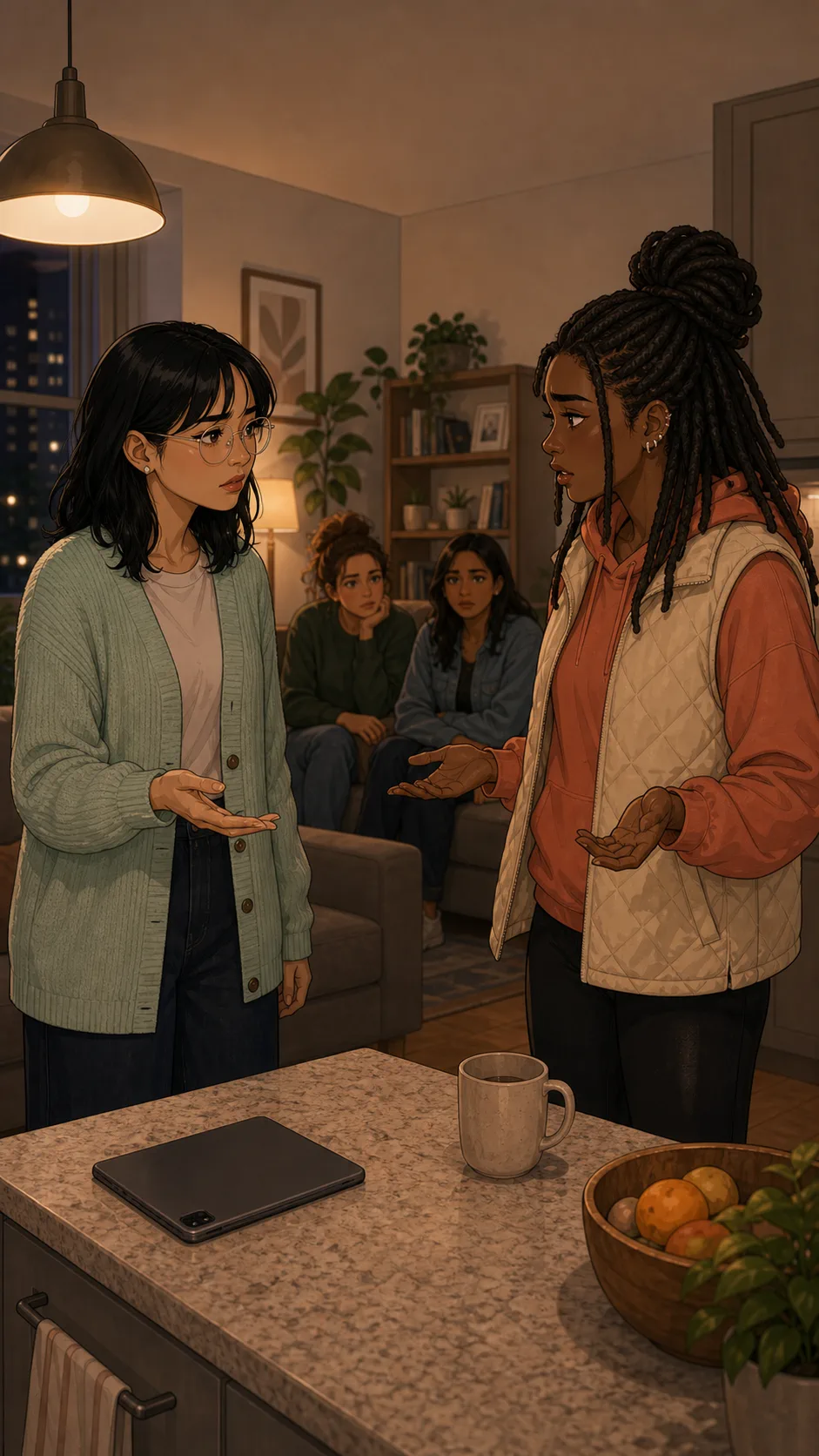 Nora and Casey disagree in a generic apartment kitchen while two friends listen from the sofa.
