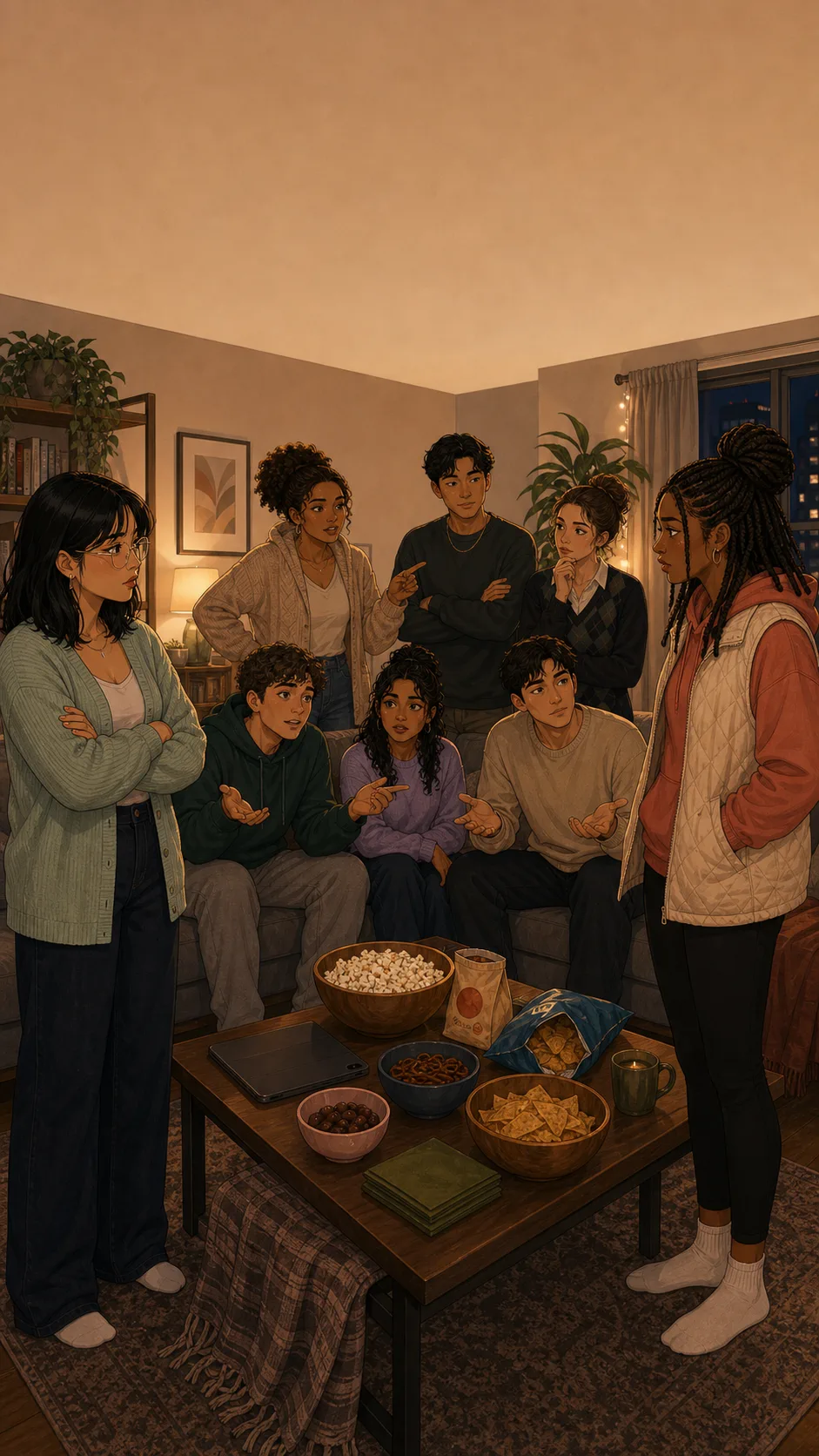 Nora, Casey, and friends stand around a generic apartment coffee table with the group visibly split into three opinions.