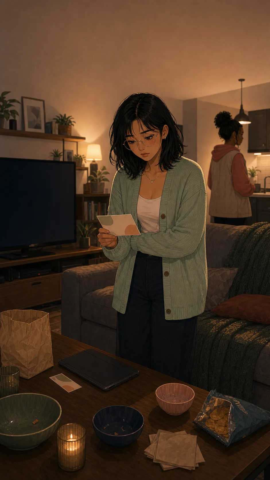 Nora stands in a quiet generic living room looking at a blank coupon card, face-down tablet, and unbranded snack bags.