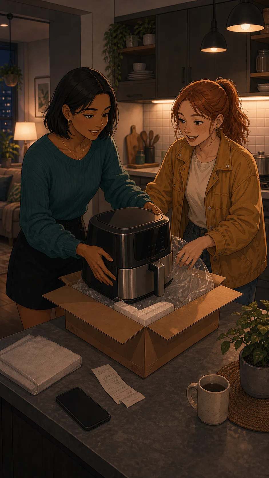 Priya and Tessa unpack a generic appliance box on a kitchen counter.
