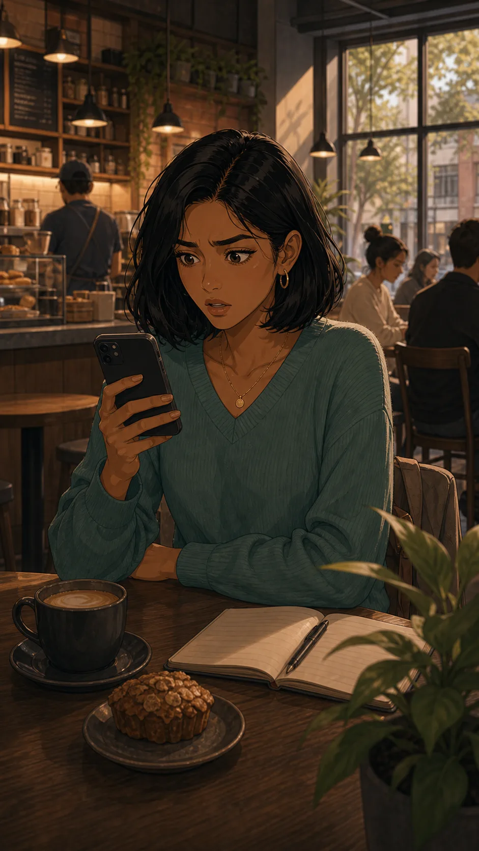 Priya looks confused while reading a message at a cafe table.