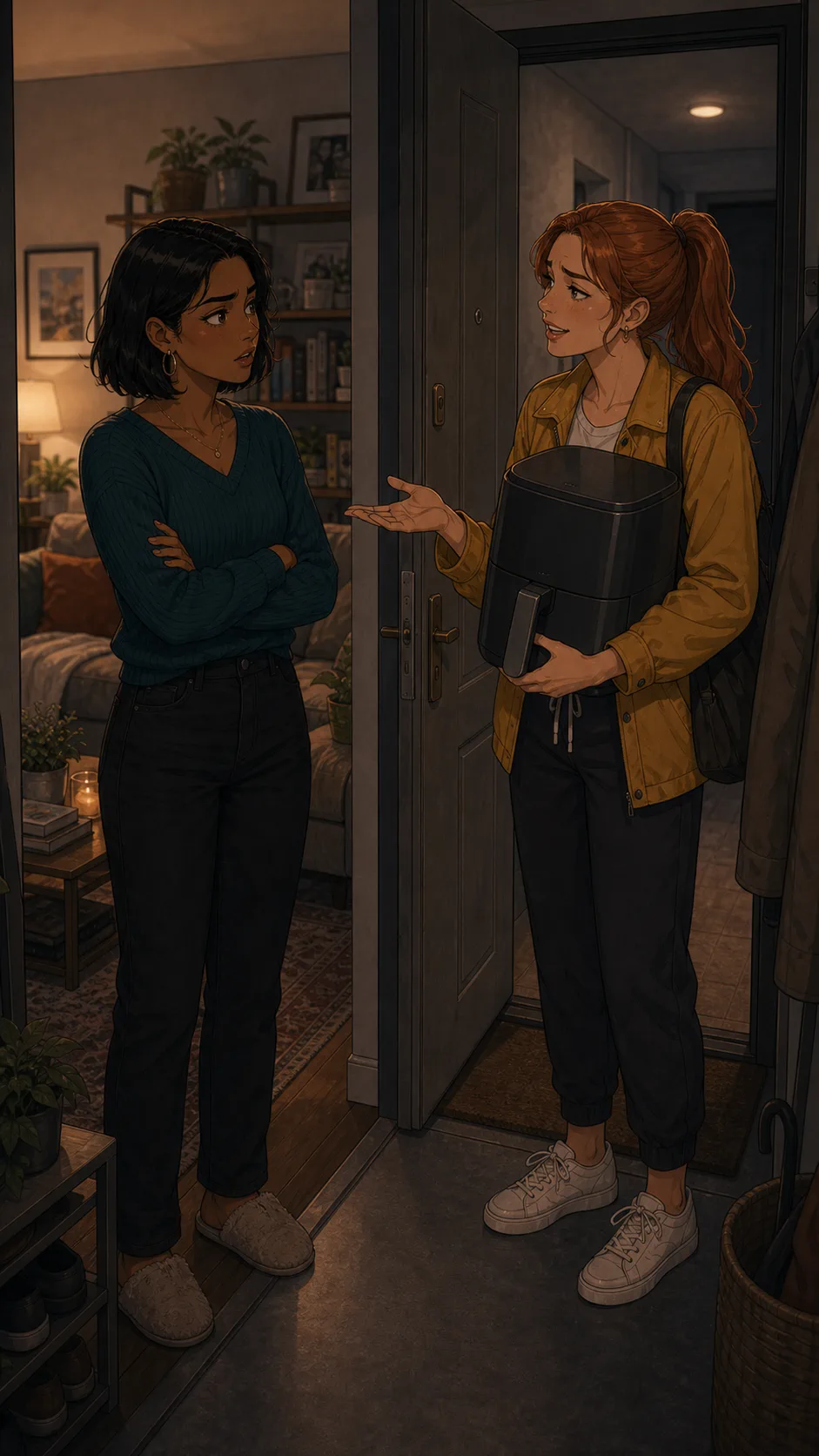 Tessa explains the warranty registration while Priya listens tensely.