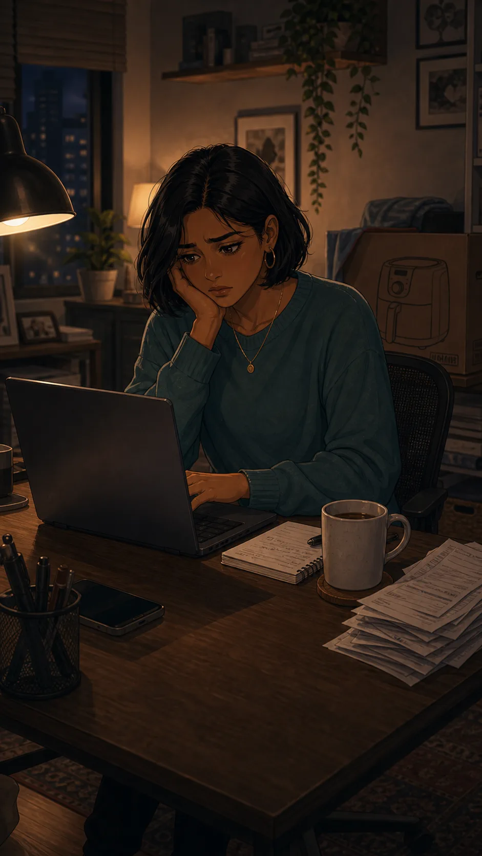 Priya sits at a desk beside an appliance box, looking tired.