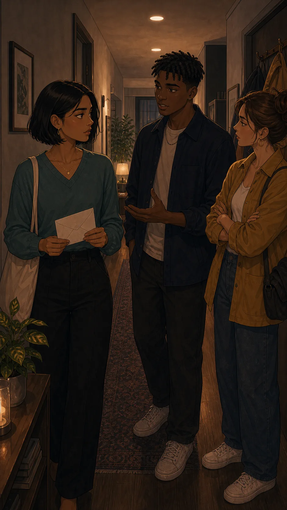 Omar advises Priya in a hallway while Tessa waits nearby.