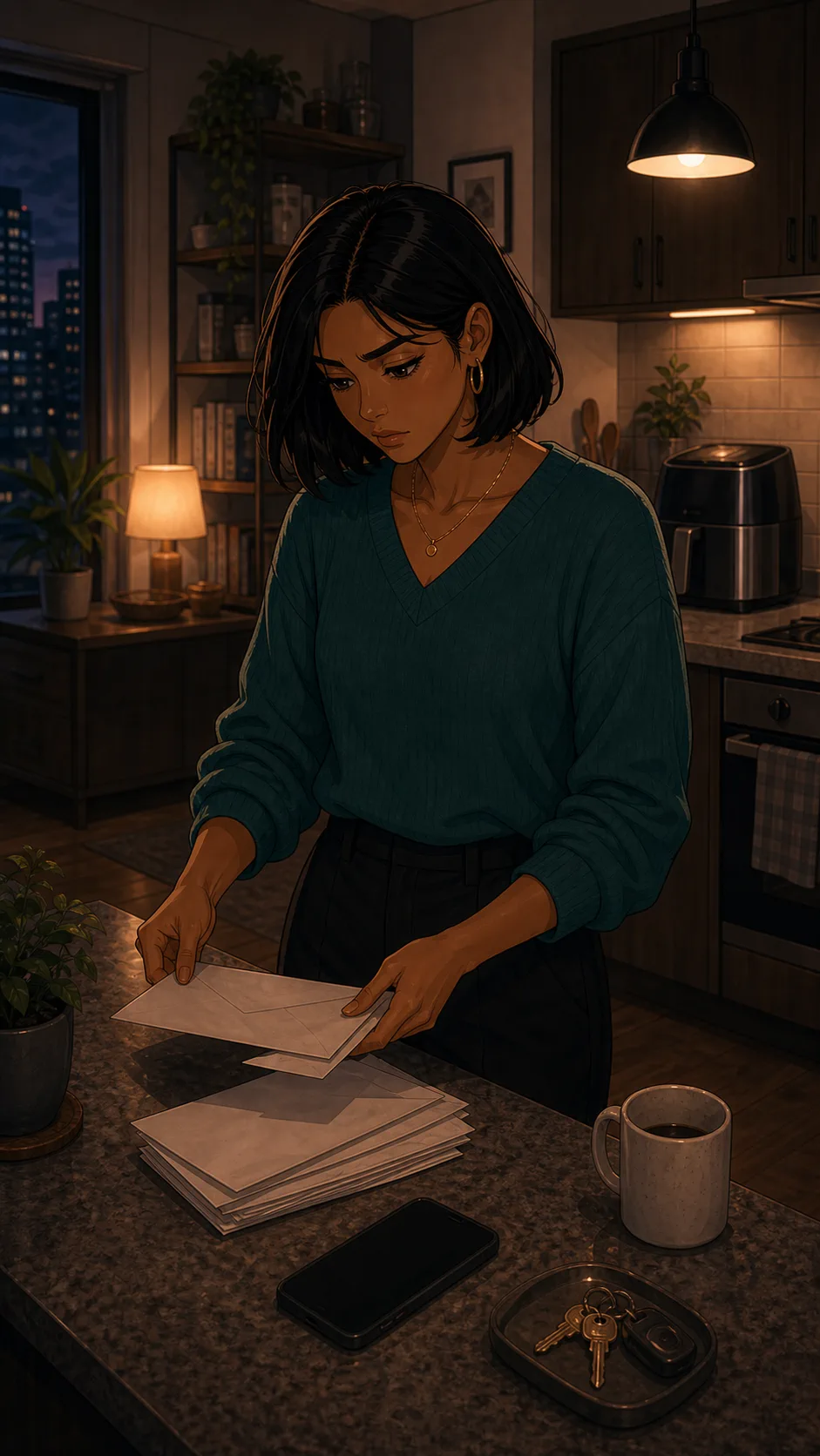 Priya organizes blank warranty papers at a kitchen counter.