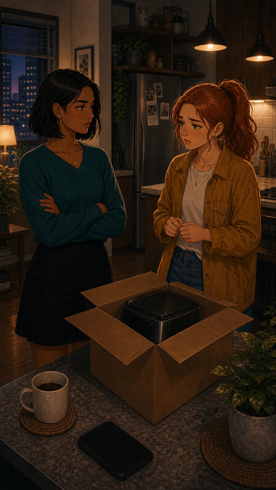 Priya and Tessa stand beside an appliance box before deciding what to do.