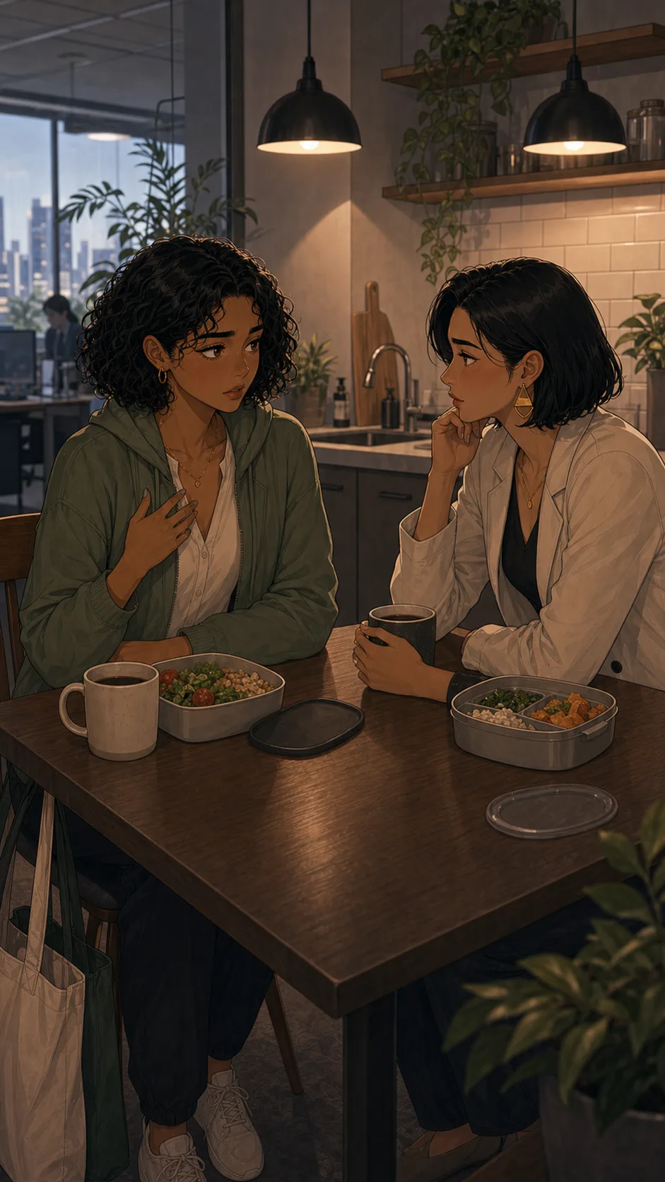 Mara and Juno sit in a quiet office kitchen during a private lunch.