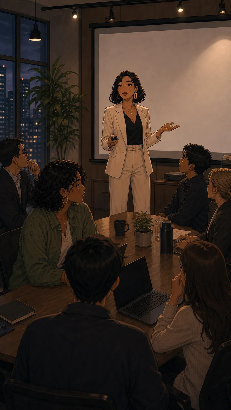 Juno begins a workplace pitch in a generic conference room.
