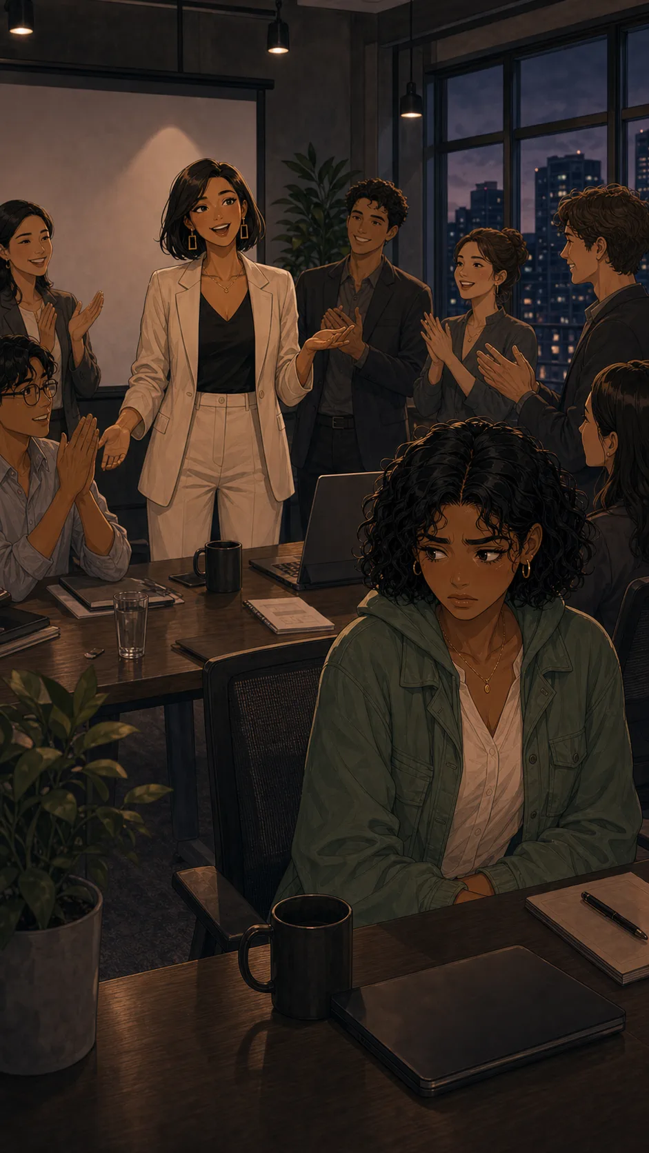 The team reacts warmly to the pitch while Mara feels uneasy.