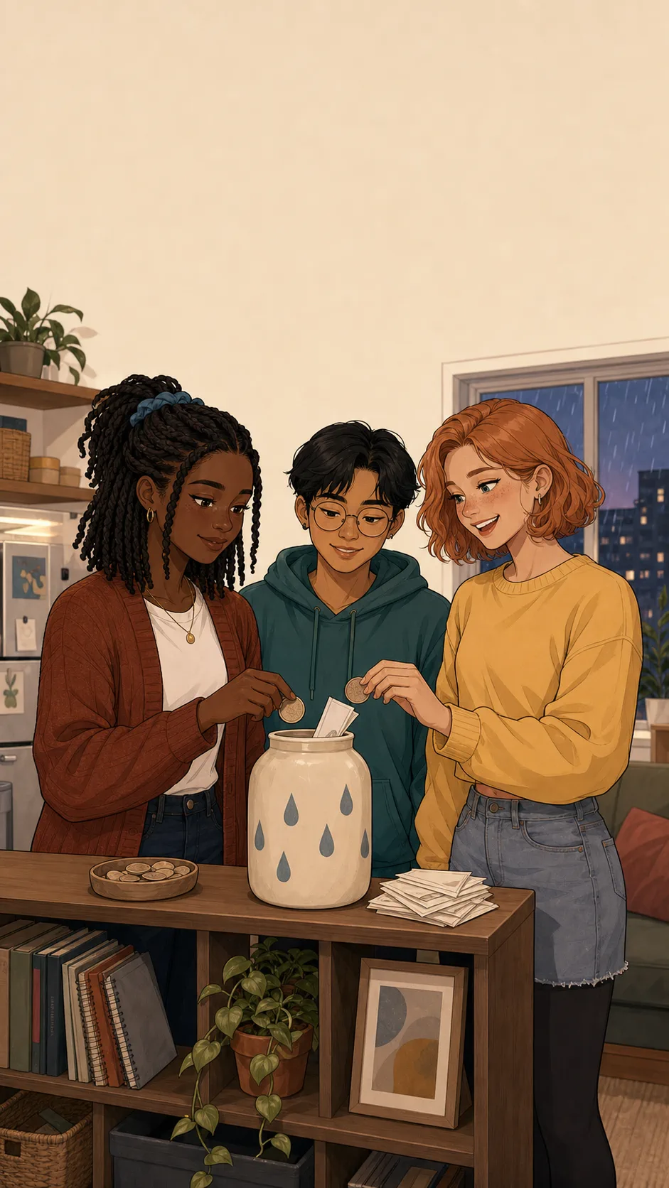 Nora, Liv, and Sam stand in a generic apartment kitchen beside an opaque rainy-day jar on a shelf.