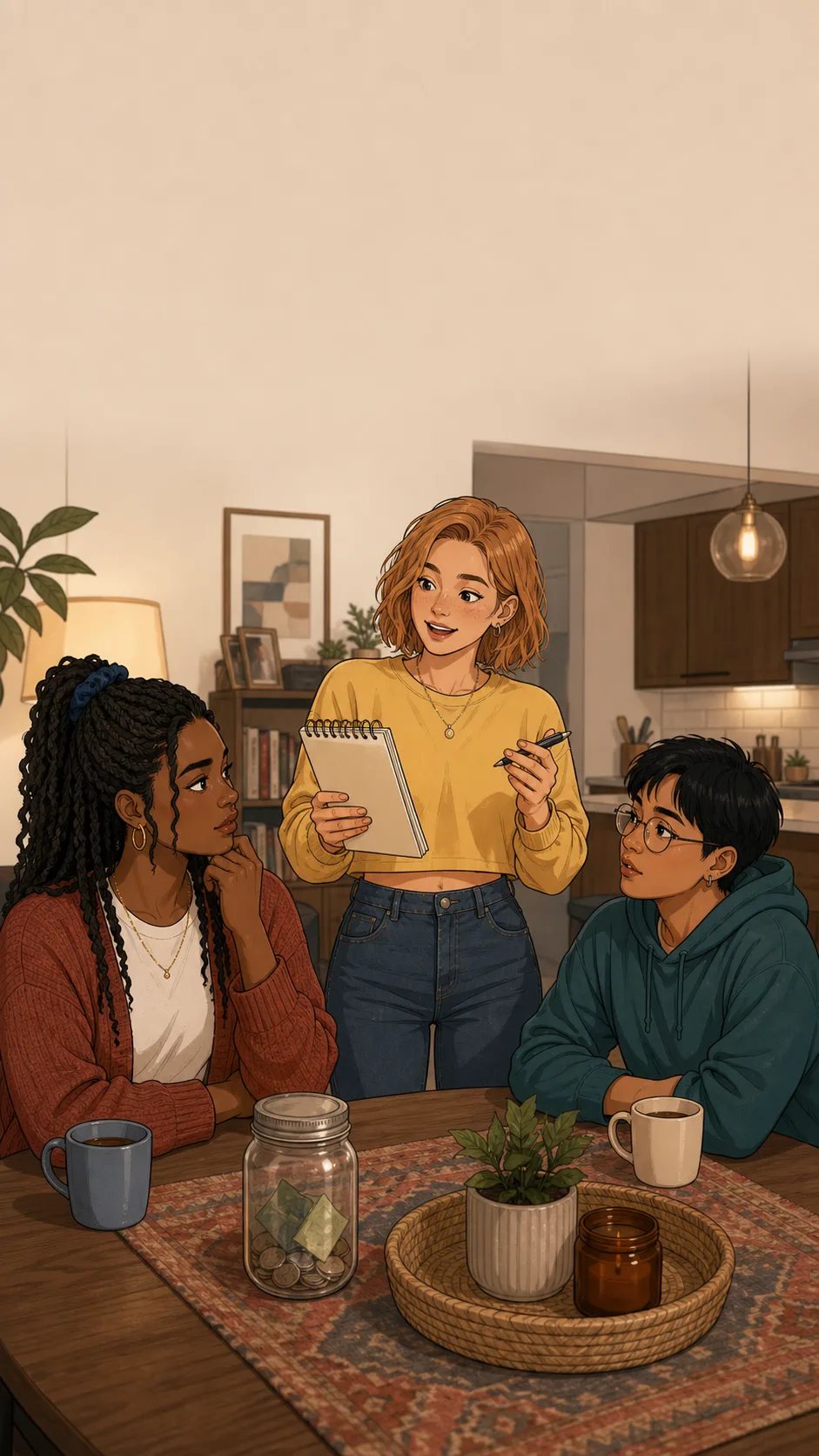 Liv pitches a small apartment party while Nora and Sam listen around a generic kitchen table.