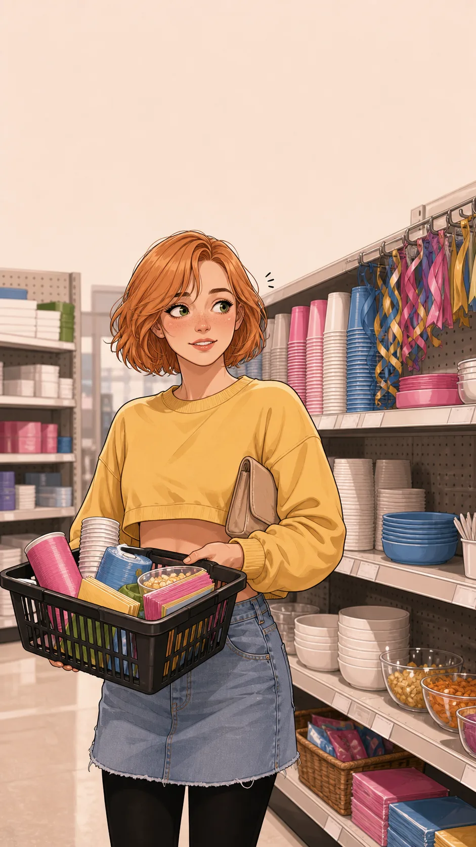 Liv stands in a generic party-supply aisle holding blank cups, streamers, napkins, and snack bowls.