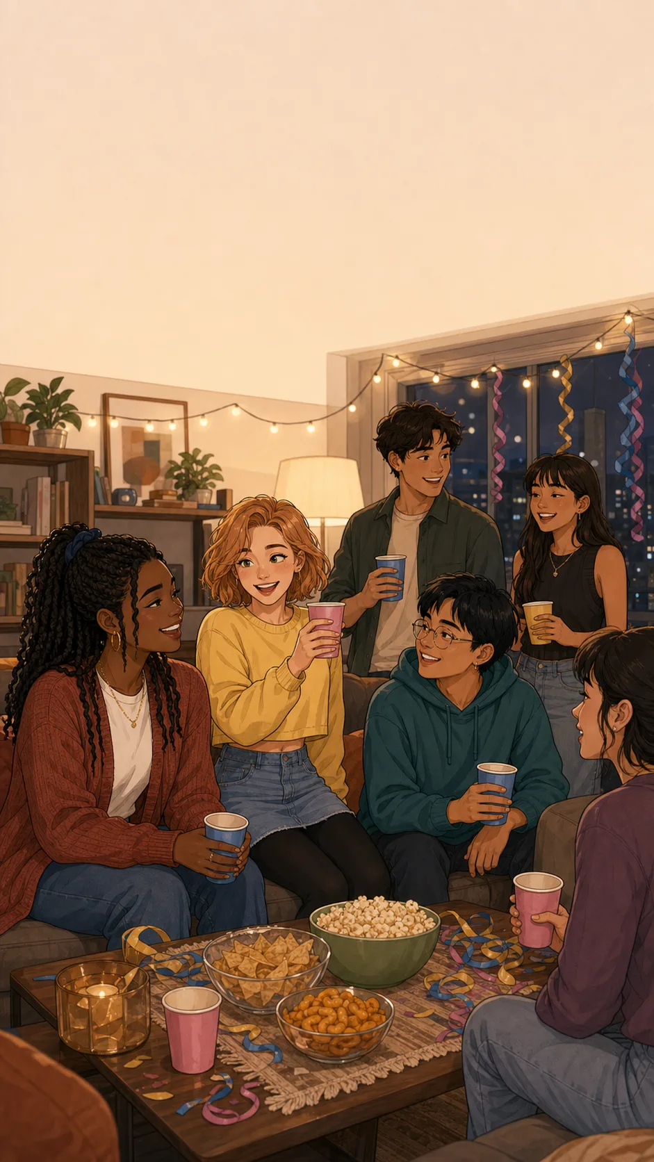 Nora, Liv, Sam, and friends laugh in a generic apartment living room decorated with plain streamers and blank cups.